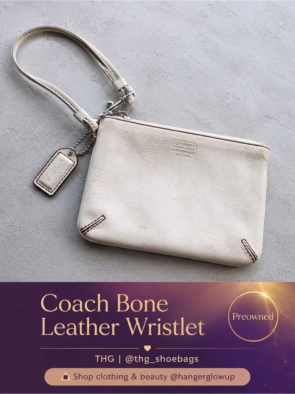 Coach Bone White Leather Wristlet Pouch Silver Hardware Zip Clutch